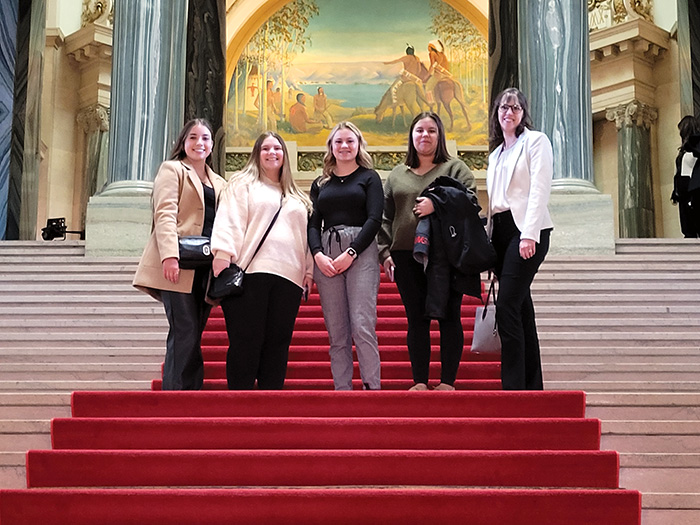 From left are Taryn Rushinko, Darien Mickle, Cassidy Hudacek, Leahanne Pangracs, and Shayna Zubko at the Legislature during budget day.<br />
